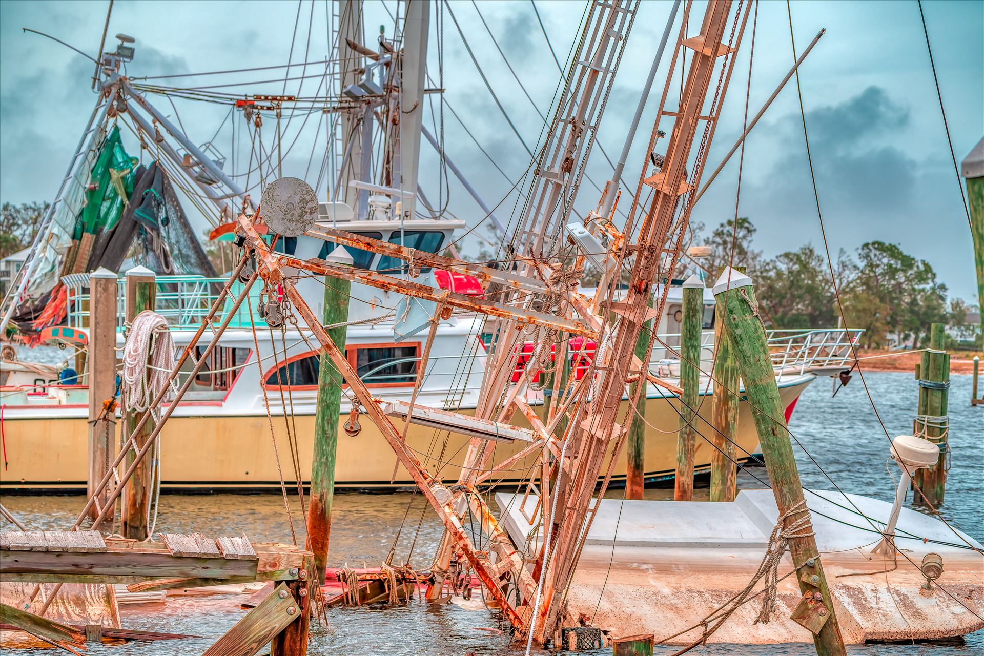 Hurricane Michael - shrimpboat sunk, dock damaged by Terry Kelly Photography