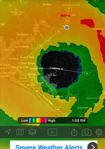The eye of hurricane Michael. The blue dot is our house, eye came right over our house.